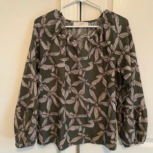 LOFT Olive and White Leaf Print Blouse